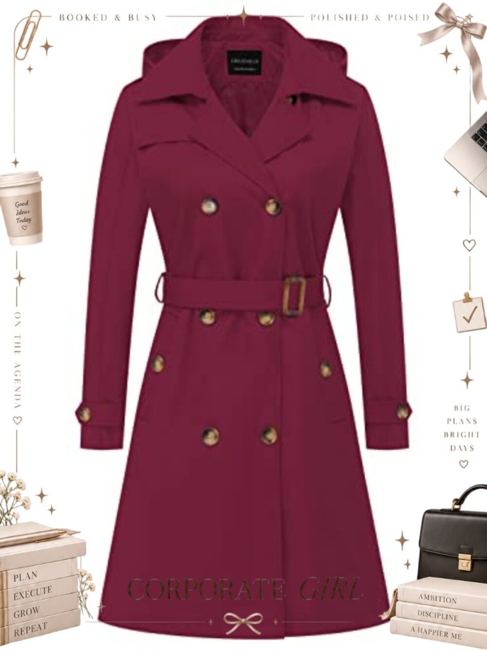 Long Trench Coat Double-Breasted Classic Lapel Overcoat Belted Slim Outerwear